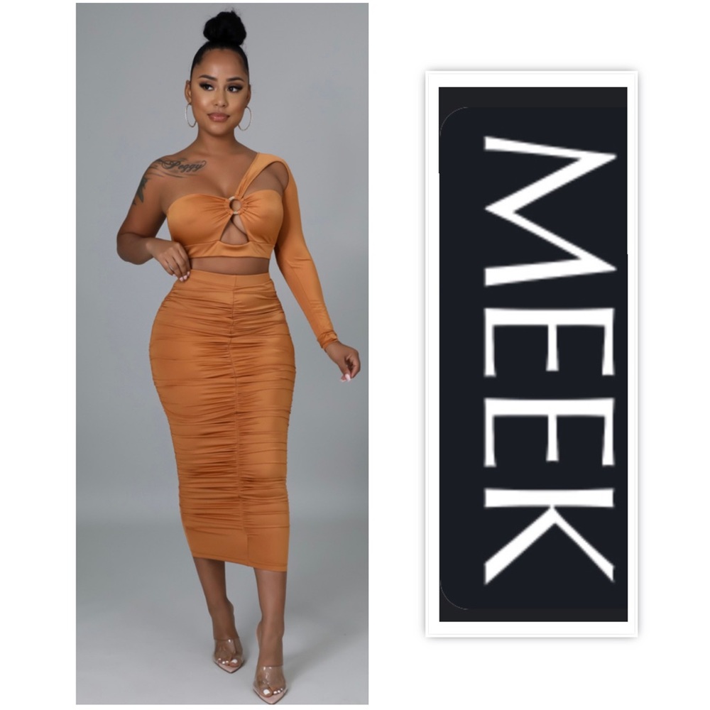 Kash Queen - Meek Rust One Arm Cropped Ruched Skirt Set